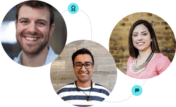Three smiling 1password support team members connected by a dotted gray line