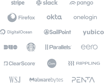 Stripe, Slack, Firefox, Okta, OneLogin, DigitalOcean, SailPoint, Yubico, Duo, Penta, ClearScore, Canva, Eero, Starbucks, Pango, Rippling, Malwarebytes, Wall Street Journal, Parallels