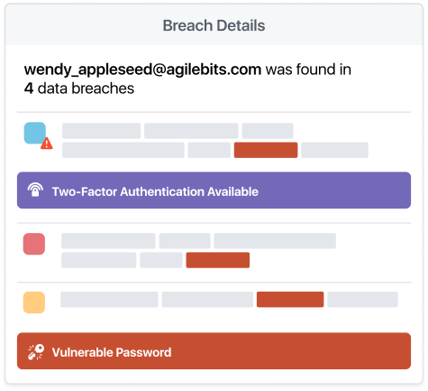 Screenshot of the 1password teams breach alert window that is warning that Wendy Appleseed was found in four data breaches