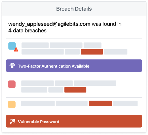 Screenshot della finestra di avviso di violazione di 1Password Teams che avverte che Wendy Appleseed è stata coinvolta in quattro violazioni dei dati