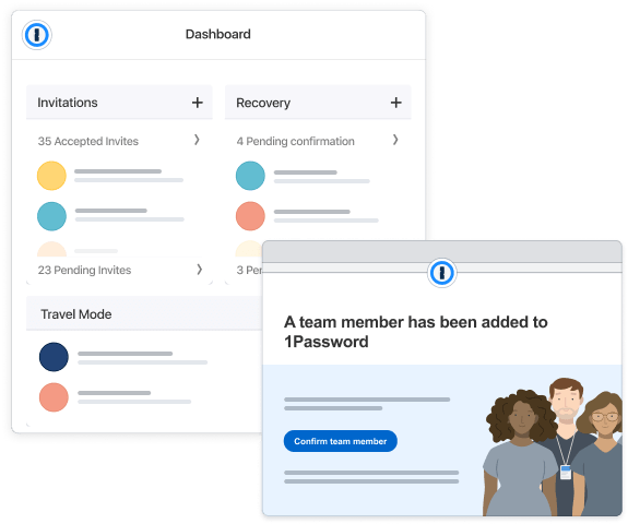 Screenshot of the 1Password team management dashboard overlaid by another window with a confirm team member button