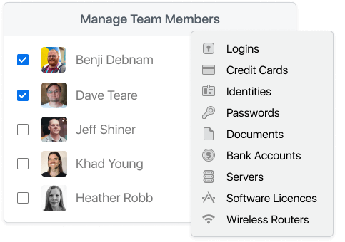 Screenshot of a list of 1password team members overlaid by a list of securely shareable vault items