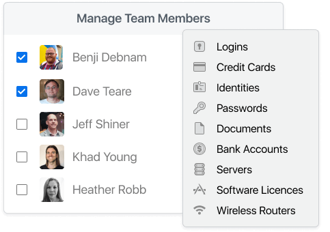 Screenshot di un elenco di membri del team di 1password sopra a un elenco di elementi della cassaforte condivisibili in modo sicuro